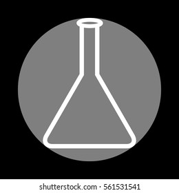 Conical Flask sign. White icon in gray circle at black background. Circumscribed circle. Circumcircle.