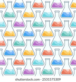 Conical flasks with colored liquids, seamless pattern with reagents in the flasks. Chemistry illustration template