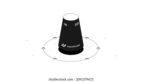 Conical frustum mathematical figure. Black and white isometric 3d illustration isolated on white background.