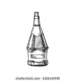 Conical Hand Drawn Blank Bottle Of Wine Vector. Ink Design Sketch Modern Bottle Of Grape Alcoholic Liquid. Concept Monochrome Black And White Mockup Glass Container Template Cartoon Illustration