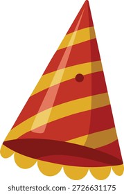 Ein konischer Partyhut mit warmen roten und goldenen Streifen und einem gepunkteten Pom-Trimm entlang der Basis.