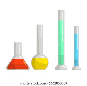 Conical and round-bottom flask, tall and short test tubes. Vessels filled with multi-colored chemical liquids. Laboratory experiment for experiment. Scientific set. Vector cartoon illustration