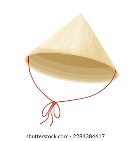 Conical traditional asian hat from natural materials with ribbon in cartoon style isolated on white background.