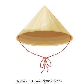 Conical traditional asian hat from natural materials with ribbon in cartoon style isolated on white background.