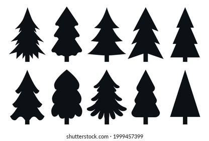 Conifer black tree silhouettes on the white background set. Pine silhouettes isolated on white background. Christmas, New Year decoration for room, dishes. Shape with corners, soft lines and rounded.
