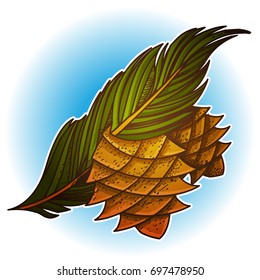 Conifer branch with cones. Decorative design element for Christmas and New Year greeting cards, invitations and other items.
