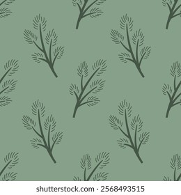 Conifer Branch Seamless Pattern. Falling evergreen pine fir spruce twig on green background. Minimal doodle style nature repeat vector illustration