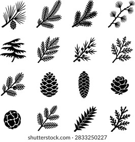 Conifer Branches and Pine Cones Silhouettes Icons Set