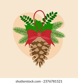 Conifer branches vector illustration. Pine cone, spruce, fir tree branches. Stock winter nature clipart with red bow