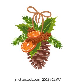 Conifer branches vector illustration. Pine cone, spruce, fir tree branches with orange and red ribbon. Stock winter nature clipart with red bow isolated