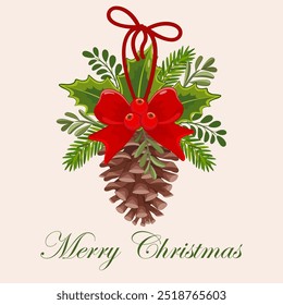 Ilustración vectorial de ramas de coníferas. Cono de pino, abeto, ramas de abeto y cinta roja. Stock Clipart de la naturaleza de invierno con arco rojo aislado. Tipografía de Navidades alegres