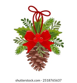 Conifer branches vector illustration. Pine cone, spruce, fir tree branches and red ribbon. Stock winter nature clipart with red bow isolated