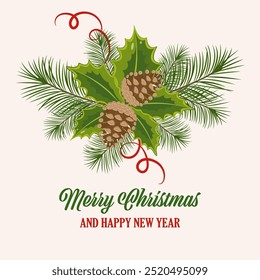 Conifer branches vector illustration. Pine cone, spruce, fir tree branches and red ribbon. Stock winter nature clipart with red bow isolated. Merry Christmas typography