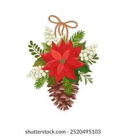 Conifer branches vector illustration. Pine cone, spruce, fir tree branches and red ribbon. Stock winter nature clipart with red bow isolated. Merry Christmas typography