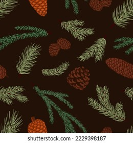 Conifer cones and branches vector seamless pattern. Pine, spruce, cedar, larch, fir tree cones, winter nature texture for textile, print, card, christmas, greetings, wallpapers, background