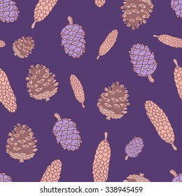 Conifer cones seamless pattern. Dark bluish purple background.