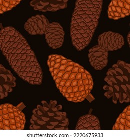 Conifer cones vector seamless pattern. Pine, spruce, cedar, larch, fir tree cones, winter nature texture for textile, print, card, christmas, greetings, wallpapers, background