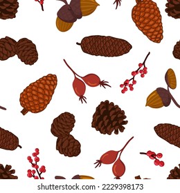 Conifer cones vector seamless pattern. Pine, spruce, cedar, larch, fir tree cones, winter nature texture for textile, print, card, christmas, greetings, wallpapers, background
