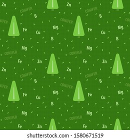 Conifer fertilizer seamless pattern for cone- bearing plant care instructions with simple tree silhouette and secondary nutrients boron, copper, ferrum, manganese, zinc chemical symbols.