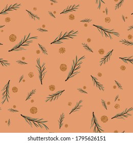 Conferir ramas de árbol y conos sin fisuras patrón vectorial en colores cálidos. La decoración de las navidades naturales de los bosques tiene como tema el diseño de la impresión superficial para tejidos, papelería, álbumes de chatarra, envoltura de regalo y embalaje.
