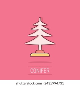 Conifer tree icon in comic style. Fir flora cartoon vector illustration on isolated background. Ecology splash effect sign business concept.