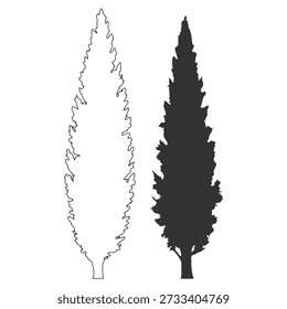 Conifer tree silhouette set, cypress poplar pine spruce fir, forest nature vector illustration, evergreen landscape botanical outdoor, black isolated on transparent background
