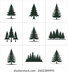 Conifer Tree Silhouettes, Single, Grouped, Forest Icons. set of trees, various styles, pine tree vector