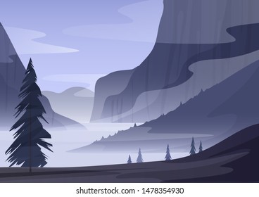 Conifer trees growing near mountain ridge in foggy morning in countryside landscape mystery vector illustration.