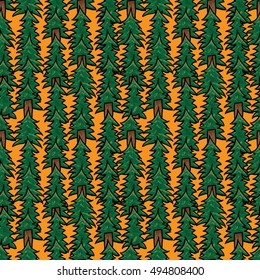 Conifer trees seamless pattern on orange background. Vector illustration.