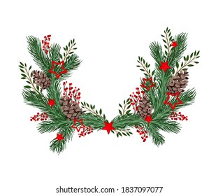 Coniferous Branches Arranged with Berry Twigs and Fir Cones Semicircular Vector Illustration