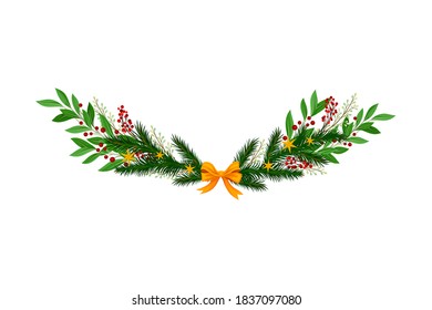 Coniferous Branches Arranged with Berry Twigs and Bow Semicircular Vector Illustration