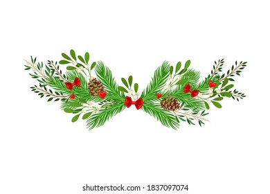 Coniferous Branches Arranged with Mistletoe Berry Twigs and Fir Cones Semicircular Vector Illustration