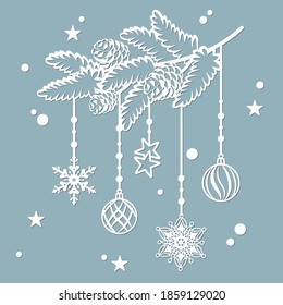 coniferous branches and balloons, snowflakes, stars from paper. Christmas tree branches silhouette. Spruce decor element. Template to Laser cutting and plotter. Die cut pattern for decorative panel.