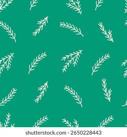 Ramificações de coníferas Padrão sem emenda. Fundo de Natal verde desenhado à mão com rampas de árvore caindo e galhos. Projeto de papel de embrulho festivo de férias. Repetir ilustração vetorial