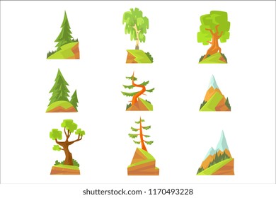Coniferous and deciduous trees set. Natural landscape with various trees colorful vector Illustrations