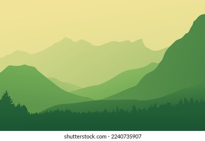 Coniferous forest against the backdrop of mountains. Green color. Vector illustration. Suitable for website, social media, desktop, wallpapers, postcards.