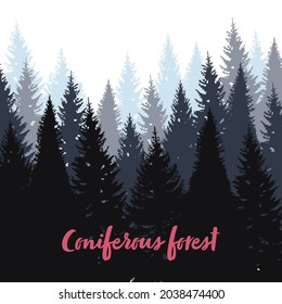 Nadelwaldhintergrund. Die Landschaft von Pine, Fichte, Weihnachtsbaum. Vektorgrafik im handgezeichneten Silhouettenstil
