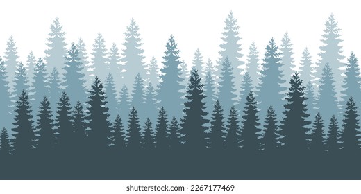 Coniferous forest background. Fog evergreen coniferous trees.