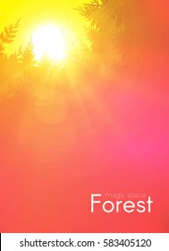 Coniferous Forest Background with Shining Sun. Woods Sunrise. Nature Space. Wild Sunset. Vector illustration