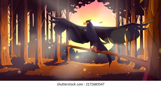 Coniferous forest with black raven on branch at sunset. Vector cartoon illustration of woods landscape with pine trees, flying wild crow, sun in sky and mountains on horizon