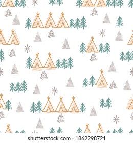 Coniferous Forest Camping Area Vector Graphic Illustration Seamless Pattern can be used for Background and Apparel Design