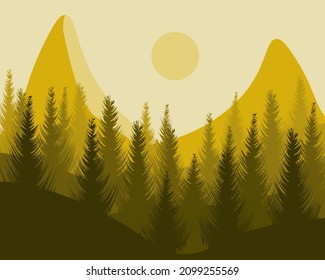 Coniferous forest in different shades of color. Forest against the backdrop of mountains and sun