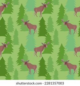 Coniferous forest, elk, nature on the background. Seamless for textile and paper, for printing.