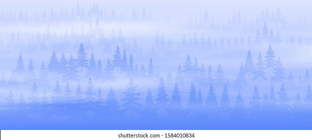 Coniferous forest in the fog, northern nature. Blue natural background, vector illustration, EPS10 