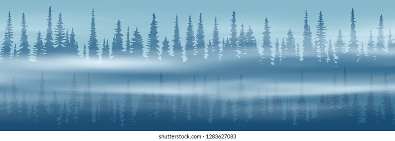 Coniferous forest in the fog, Siberian taiga, blue natural background, vector illustration, EPS10 