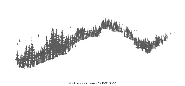 Coniferous forest landscape with hand drawn trees growing on hills or mountains. Woodland panorama with firs or spruces. Monochrome decoration isolated on white background. Vector illustration.