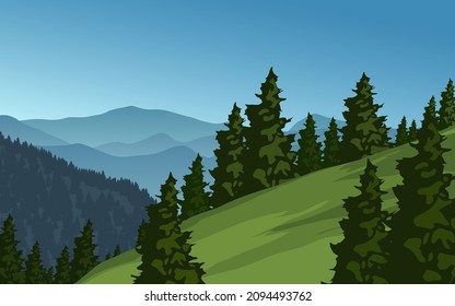 Coniferous forest landscape with hills and mountains