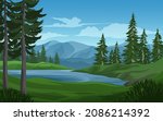 Coniferous forest landscape with mountain and river