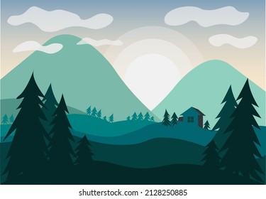 Nadelwaldlandschaft, Vektorgrafik im modernen Flachstil