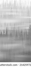 Coniferous forest in the morning fog, black and white landscape, vertical banner